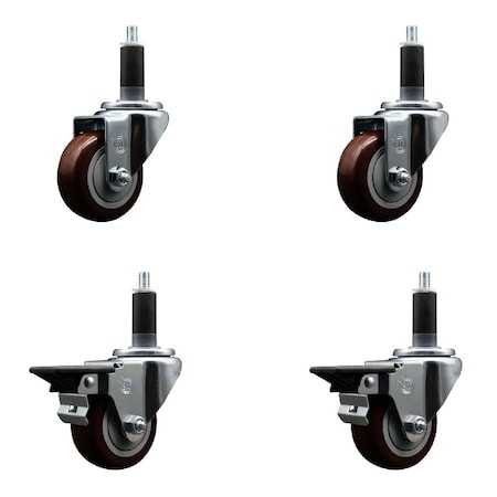 Service Caster 3'' Maroon Poly Wheel Swivel 1-1/8'' Expanding Stem Caster Set 2 Brakes, 4PK SCC-EX20S314-PPUB-MRN-2-PLB-2-118